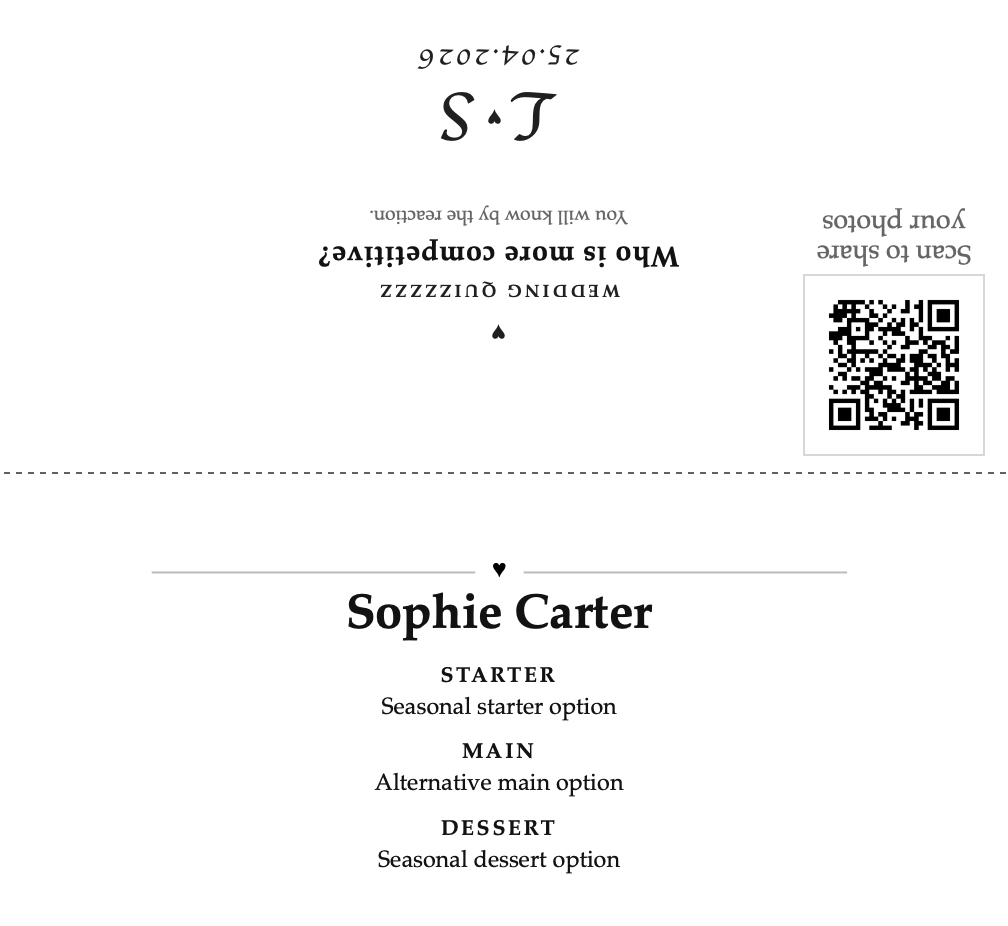 Example personalised wedding menu card showing front and back